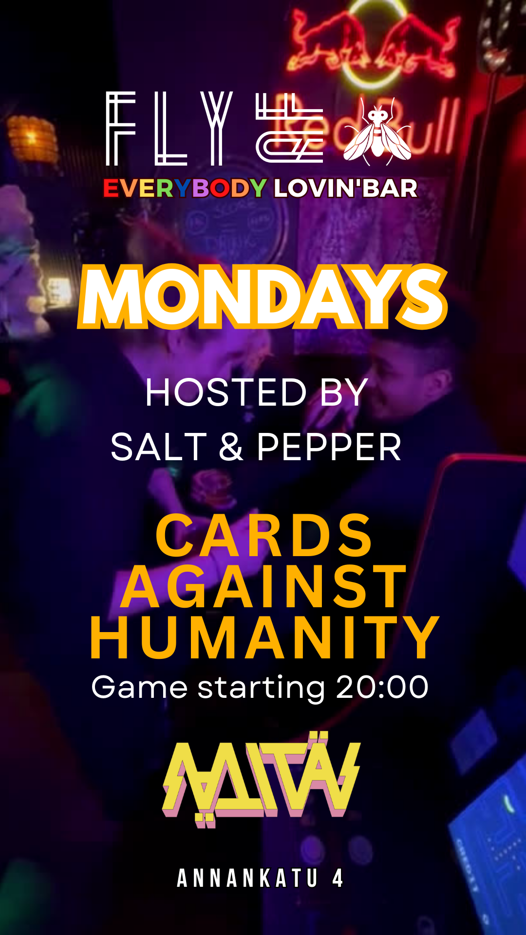 WIN 2 full tickets @mitasmitasmitas festival - as the main prize for our FlyAF bar olympics. Every Monday a new game, this monday "CARDS AGAINST HUMANITY" Hosted by the incredible duo Salt & Pepper, so join in and unleash your inner comedian!